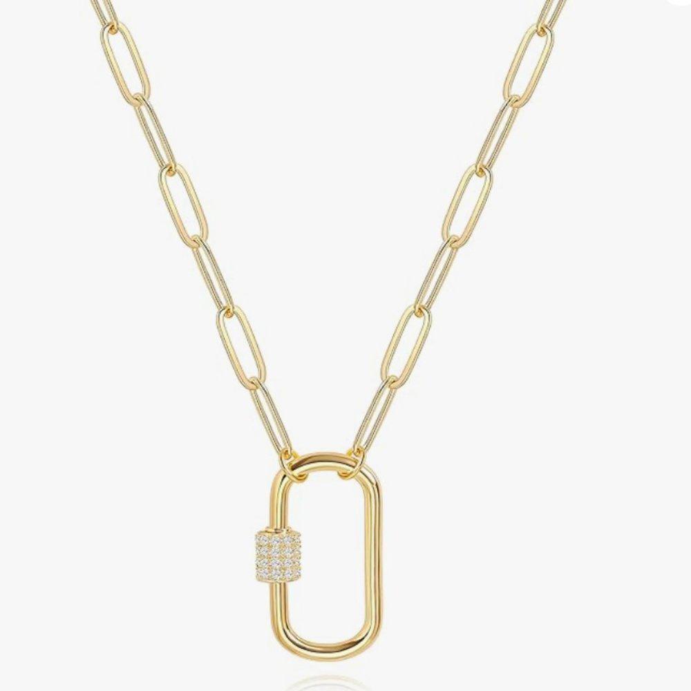 Gold Paper Clip Style Chain Necklace 18" with CZ and Carabiner Clasp